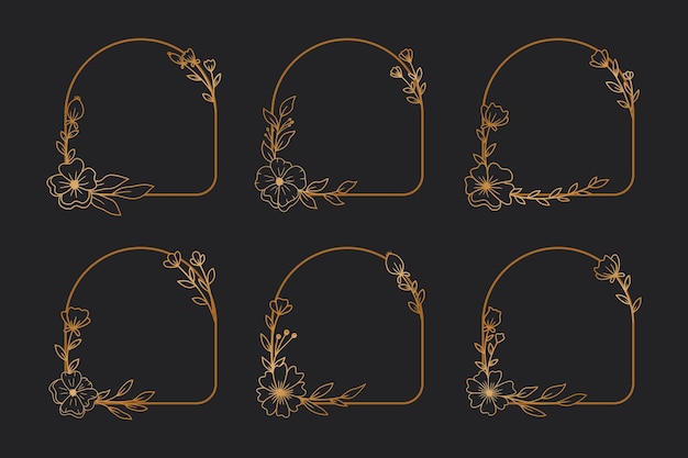 A set of gold frames with flowers and leaves line art