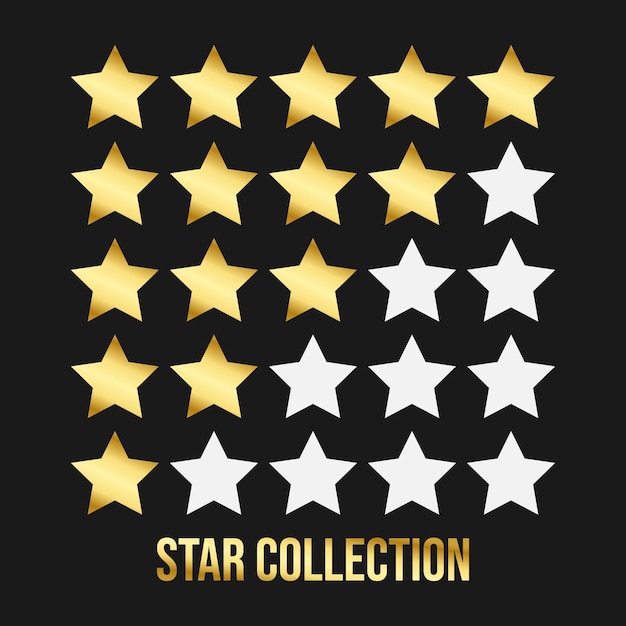 Set of gold gradient colour fine stars on a black background.