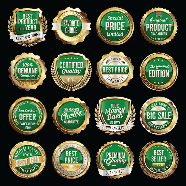 Vector set of gold green retail badges