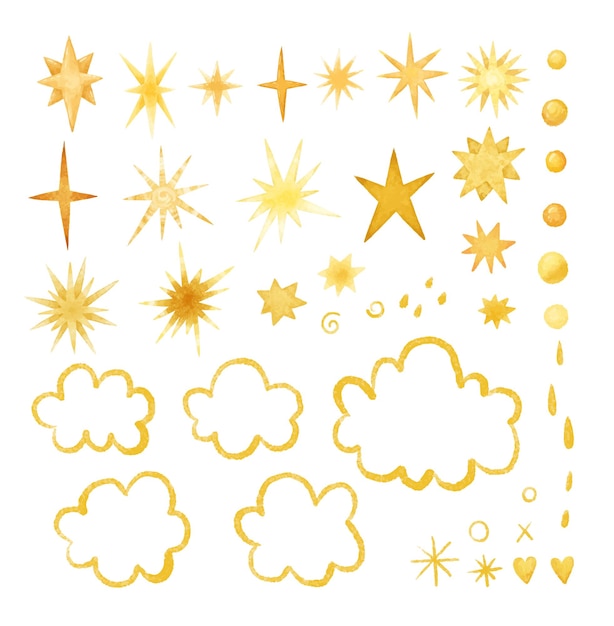 Set di illustrazioni di stelle dipinte a mano in oro design e adesivi per carte pprint wallart