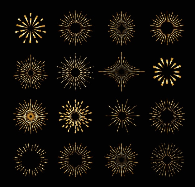 Set of gold isolated sunburst rays design elements.