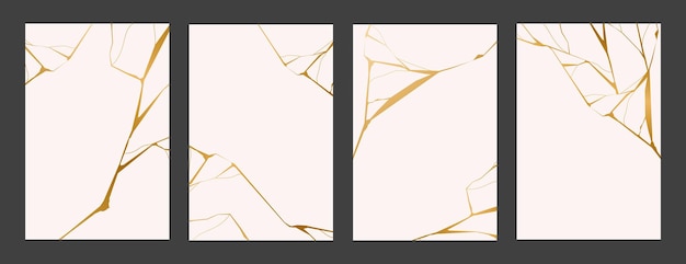 Set di poster kintsugi dorati effetti crepa e rotti texture marmo design di lusso per poster wall art carta da parati carta da parati matrimonio social media illustrazione vettoriale moderna stile giapponese