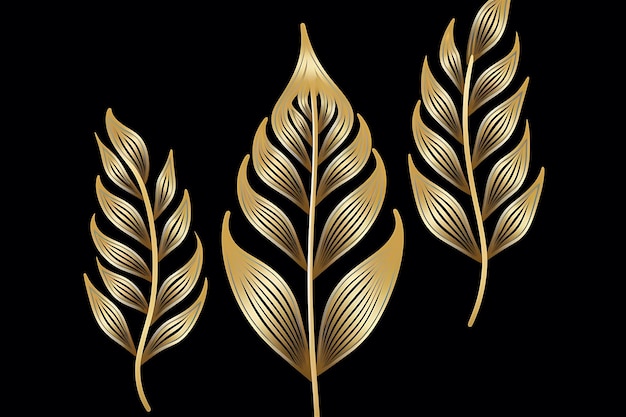 Set of Gold Leaves on Black