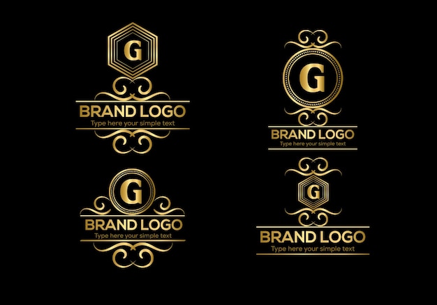 A set of gold logos for a company called g.