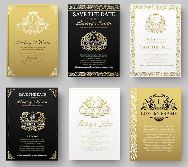 Vector set of gold luxury flyer pages set with logo ornament illustration concept