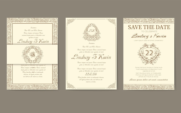 Vector set of gold luxury flyer pages set with logo ornament. vintage art identity, card, trendy, floral.