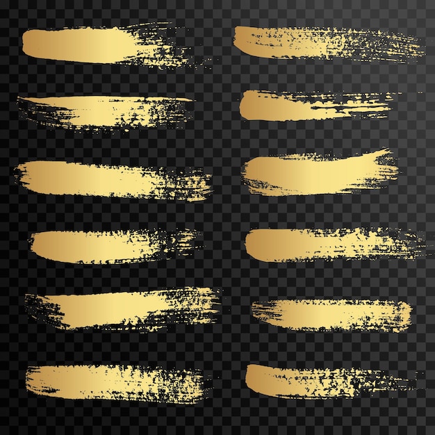 Set of gold paint ink brush strokes brushes lines