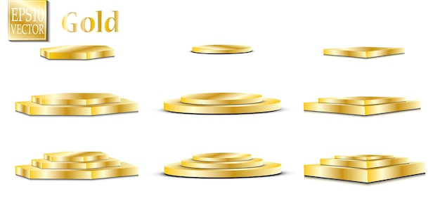 Set of gold podiums set of different steps of golden color on white background vector illustration