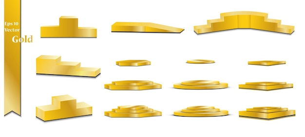 Set of gold podiums set of different steps of golden color on white background Vector illustration