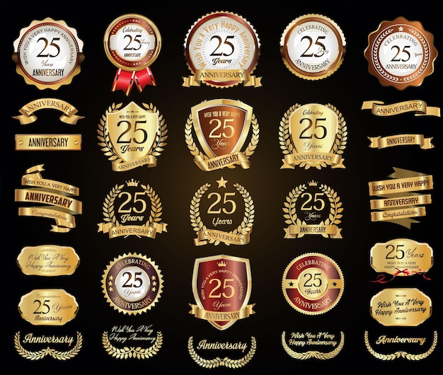 A set of gold and red anniversary badge and labels