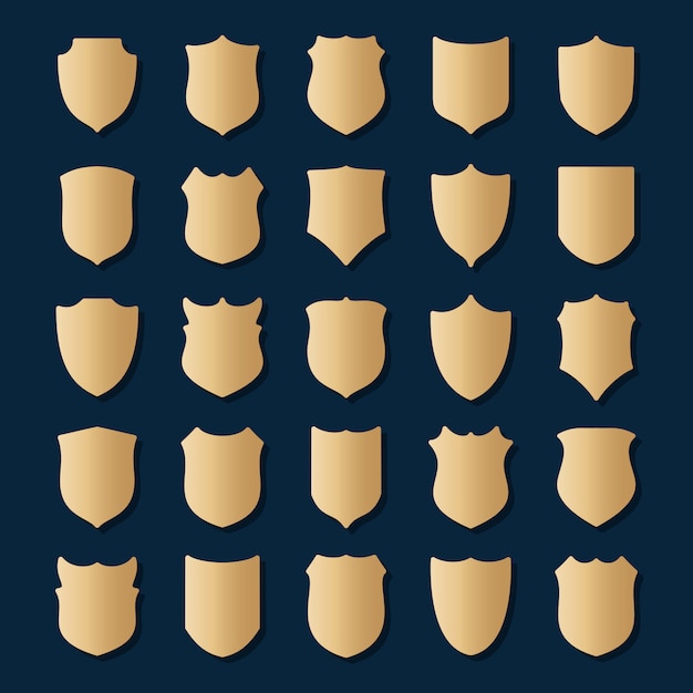 Vector set of gold shields on blue background