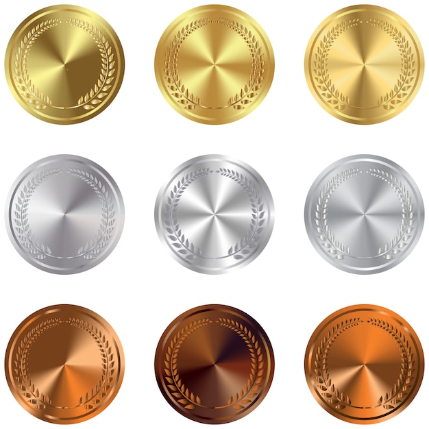 Set di medaglie d'oro, argento e bronzo award su bianco.