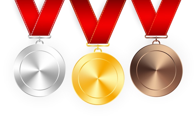 Set of gold, silver and bronze award medals with red ribbons. medal round empty polished vector collection isolated on white background. premium badges.