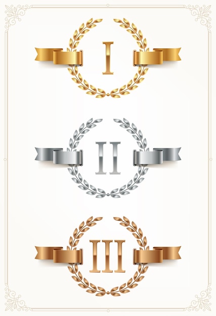 Set of gold silver bronze award rank emblems with laurel wreath and ribbon
