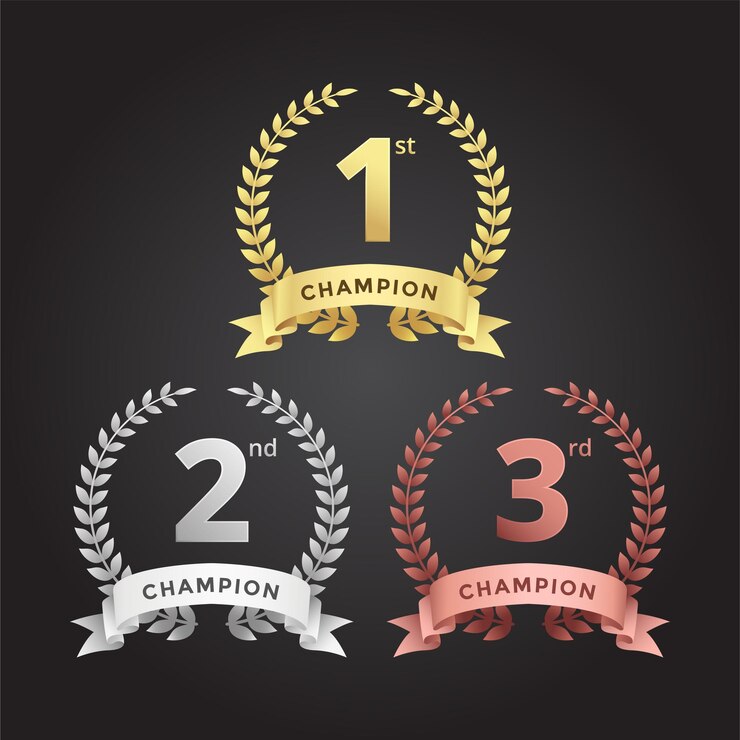 Vector 1位2位3位のチャンピオンや優勝者向けに金銀青銅のラベルセット番号とパディのシンボルが付いています