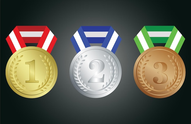 Set of gold silver and bronze medals