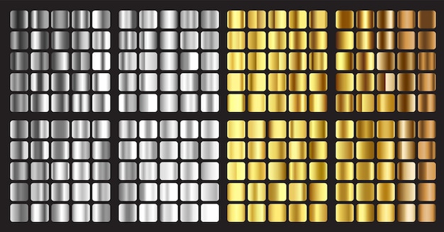 Набор золотых и серебряных квадратов разных цветов.