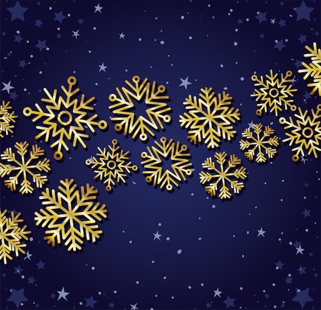 Set of gold snowflakes on dark blue background.