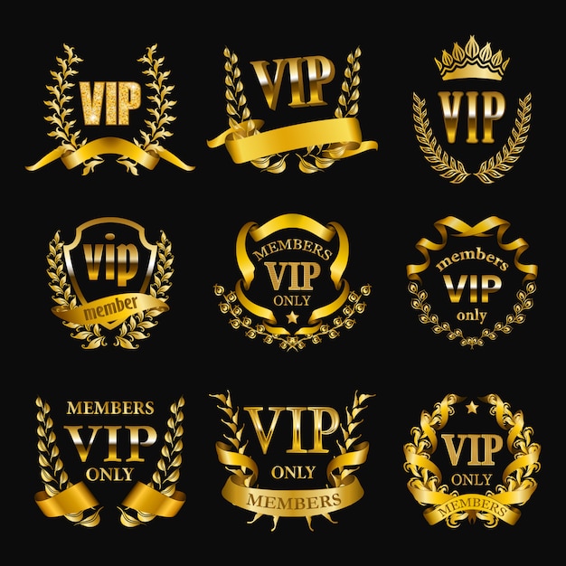 Set of gold vip monograms for graphic design on black