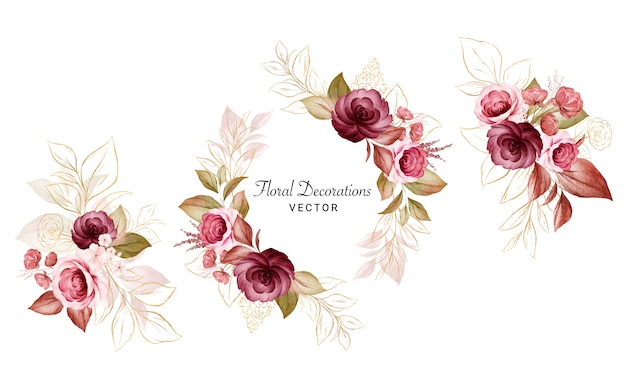 Vector set of gold watercolor floral arrangements of burgundy and peach roses and leaves.