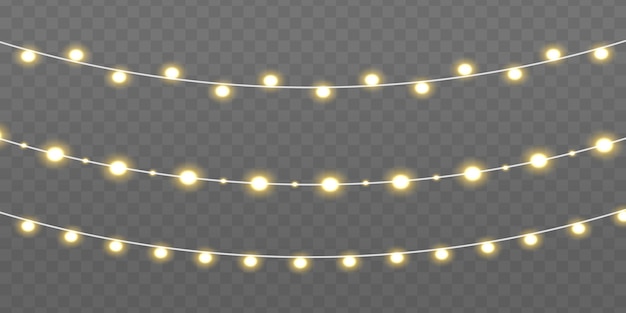 Set of gold xmas glowing garland with sparks Yellow light bulbs with sparkles Led neon lamp Vector