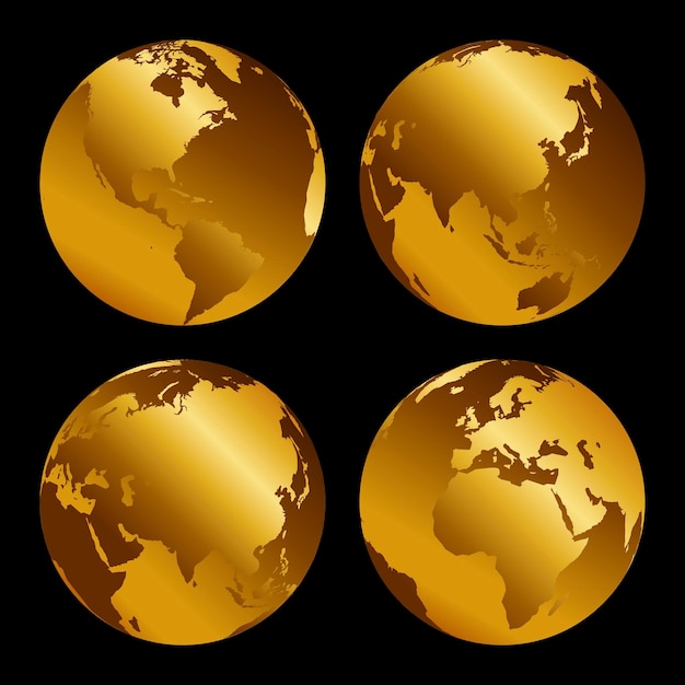 Vector set of golden 3d metal globes on black background, vecor illustration.