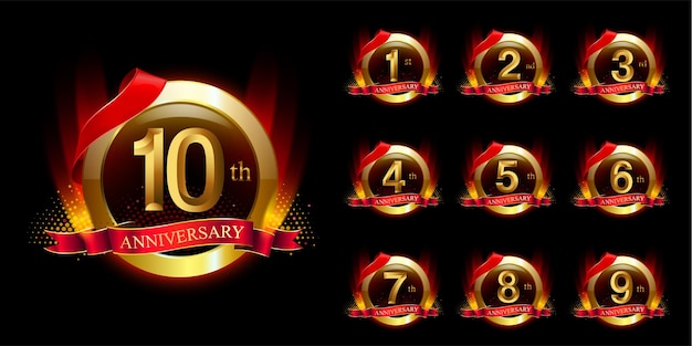 Набор золотой годовщины логотипа вектор празднования дизайна с кольцом и лентой