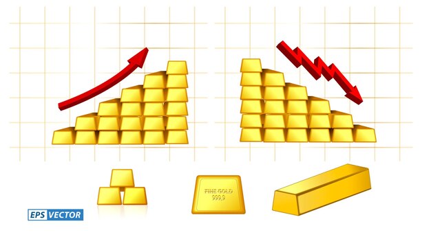Set di lingotti d'oro isolati o lingotti d'oro fini impilati con il concetto di freccia grafica vettoriale eps