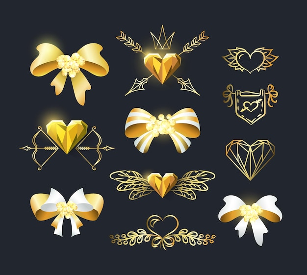 Set di fiocchi dorati e decorazioni a cuore.