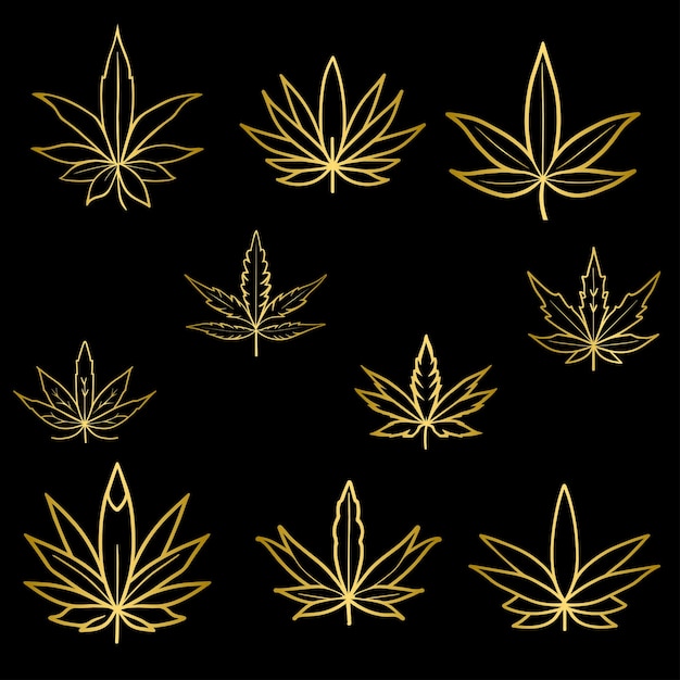 Vector set of golden cannabis leaves
