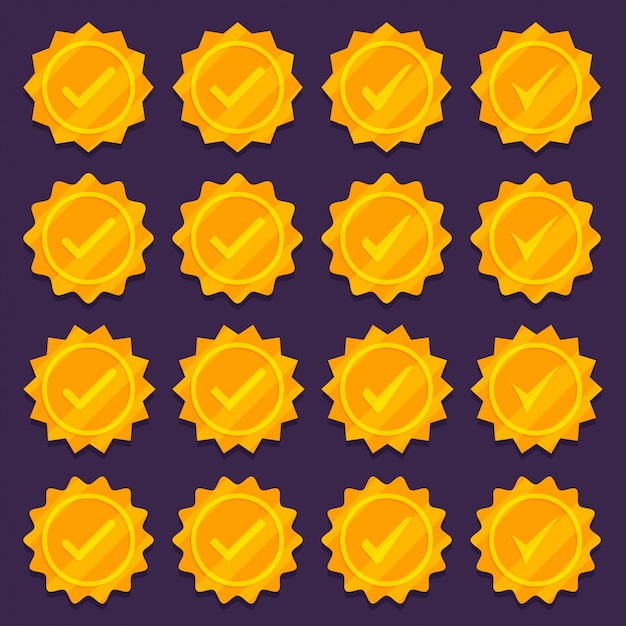 Set of golden check mark medal icons. 