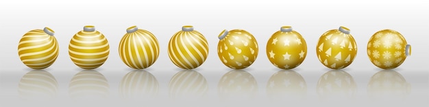 Set of golden Christmas ball decorations, ornaments with various patterns