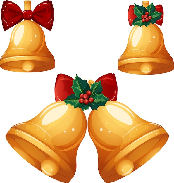 Set of golden Christmas bells with red bow and mistletoe