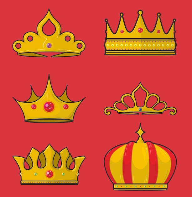 Установите золотую корону в мультяшном стиле векторной иллюстрации eps10