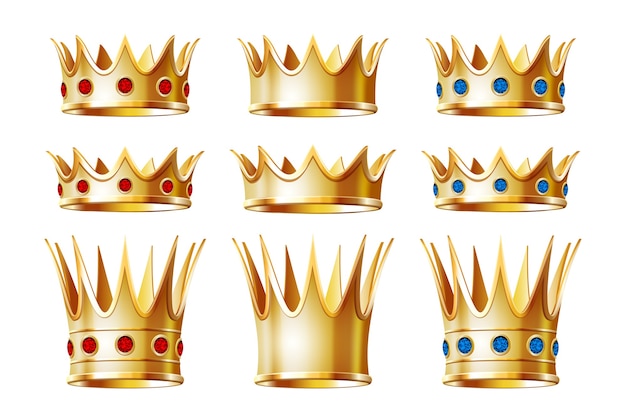 Vector set of golden crowns for king or monarch, queen or princess tiara, prince headdress. classic heraldic imperial sign. jewelry and emperor coronation ceremony, monarchy theme. isolated on white