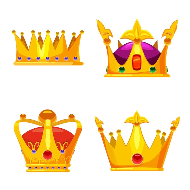 Vector set golden crowns royal jewelry symbol of king queen and princess with precious stones diamonds