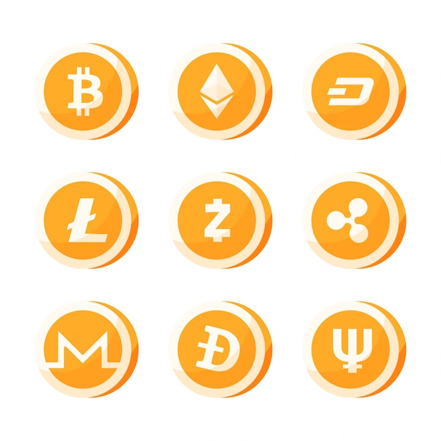 Set of golden cryptocurrencies on white background.