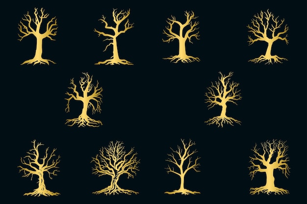 Vector set of golden dead trees collection of gold dry trees