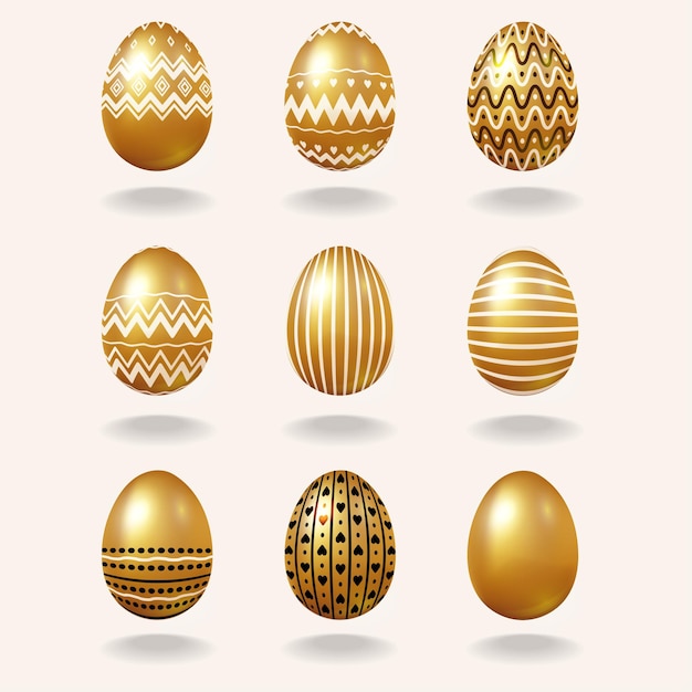 Vector set of golden easter eggs with simple patterns