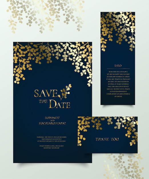 Vector set of golden floral invitation card.