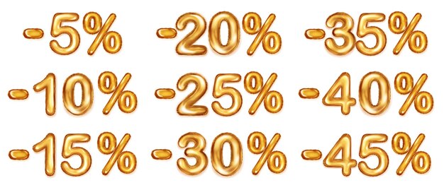 Set of golden foil balloons numbers discount for various percentages for use on sale posters with special offers