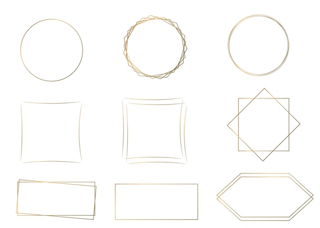 Set of golden frames. Square, circle, polygon, rectangle. Social media stories and post banners