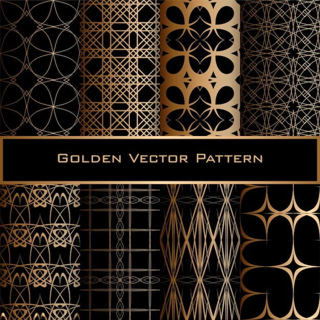 Set of golden geometric seamless patterns blue background