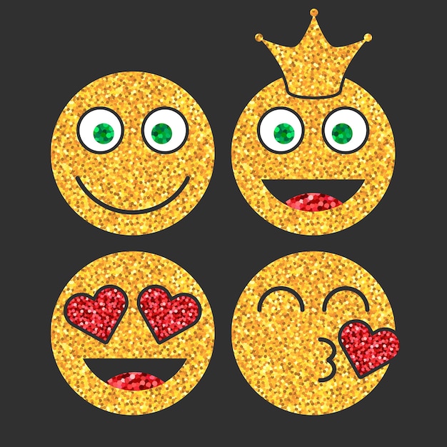 Vector set of golden glitter emoji icon on black background emoticons sticker with kiss and smile