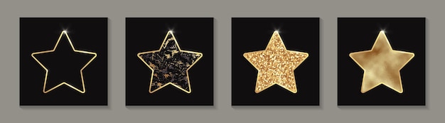 Set of golden glittering stars on a black background