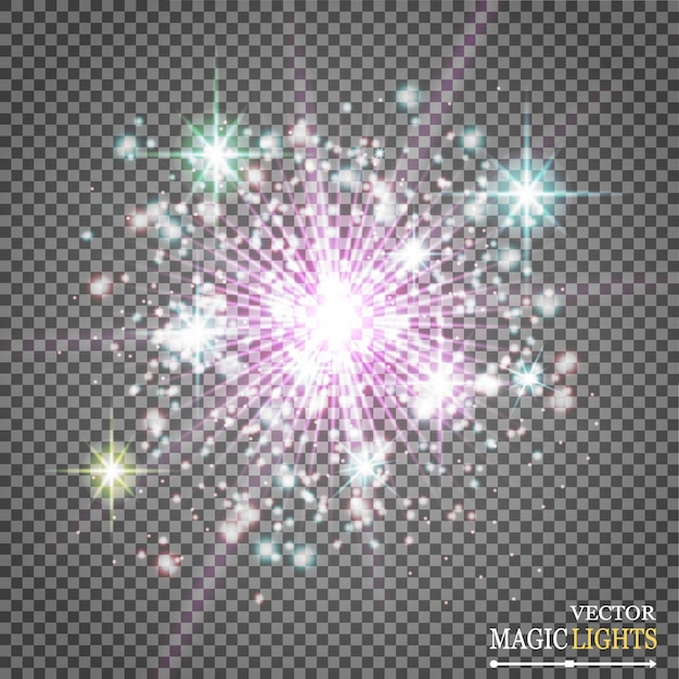 Vector set of golden glowing lights effects isolated on transparent background sun flash with rays and spotlight glow light effect star burst with sparkles