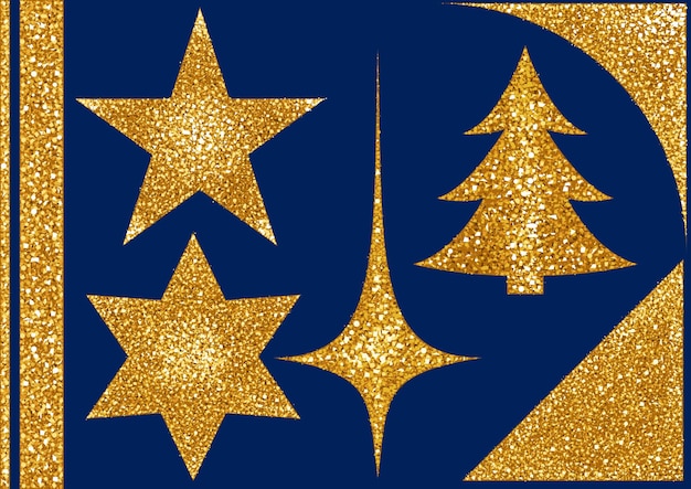 Vector set of golden grainy christmas shapes with glittering effect on blue background