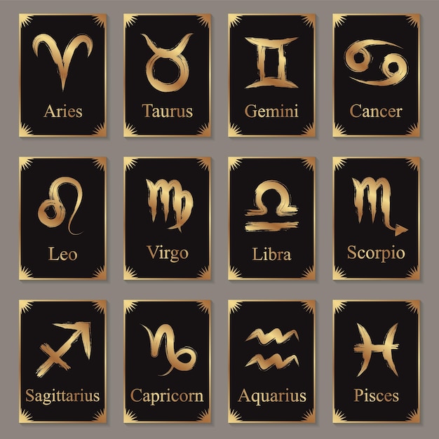 Set of golden grunge zodiac signs on a black cards for astrology or horoscopes