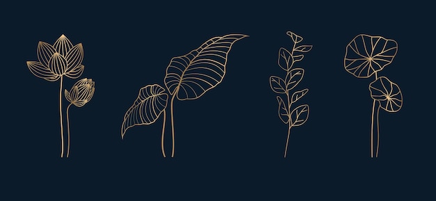 Set of golden hand drawn leaf design elements vector