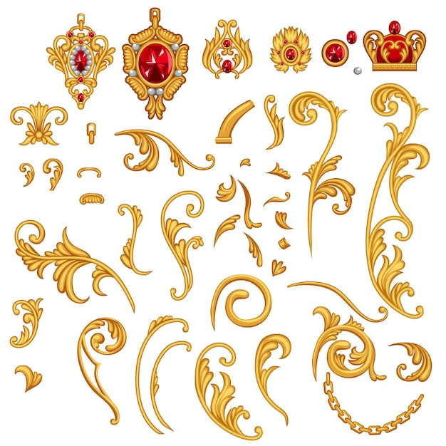 Set of golden jewelry scroll elements with ruby gem stones, crown,chain for decor frame in rococo style